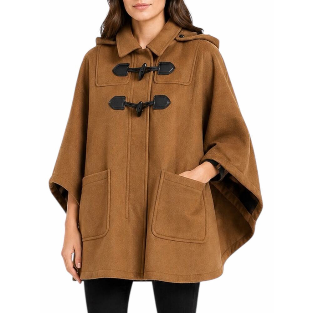 Coach Wool Blend Hooded Duffle Cape Coat Toggle Camel Brown Size M/L
